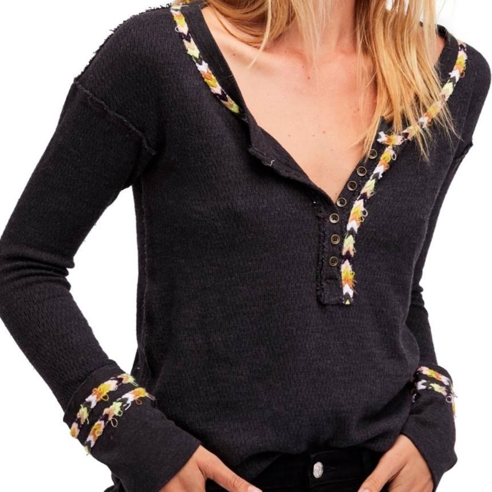 Free People Embroidered Rainbow Thermal Long Sleeve Tee in Black